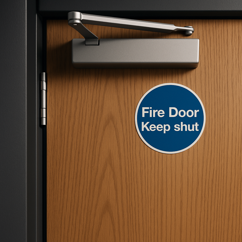 Professional fire door installation showing door closer mechanism and Fire Door Keep Shut signage